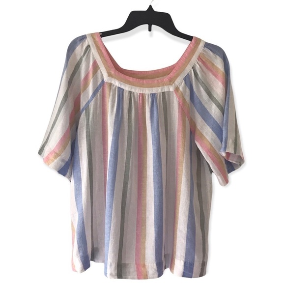 GAP Short Sleeve Square Neckline Multi Stripe Loose Fit Linen Blend Blouse - Picture 3 of 12